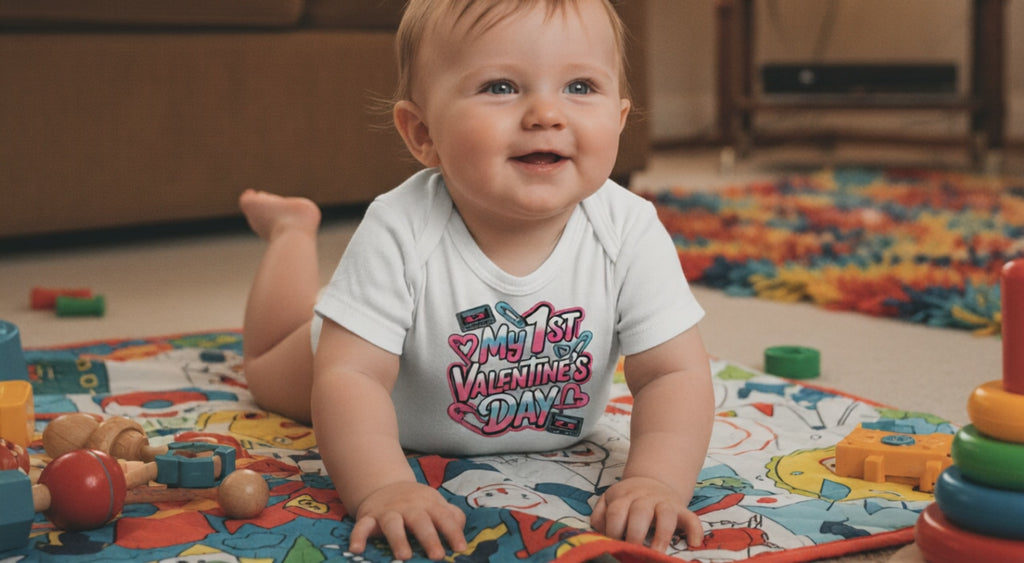 Baby Bodysuit - "My 1st Valentine’s Day" Infant Onesie, Cute Pink & Teal Heart Design for Newborns 80s Design