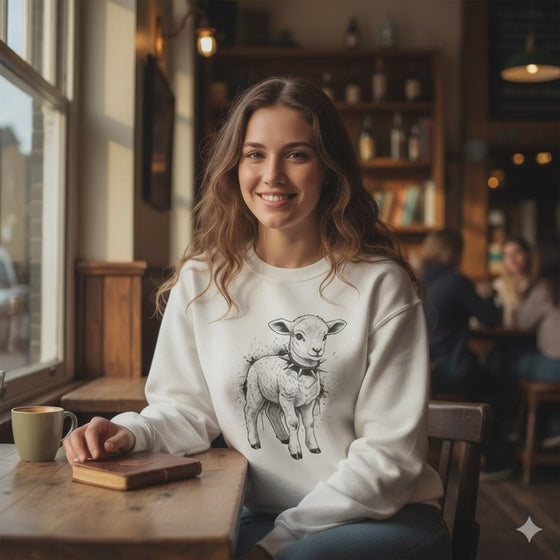 80s Punk Rock Lamb Illustration Crewneck Sweatshirt — Farm Animal Graphic Pullover