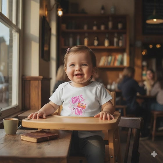 Girls One Infant Tee — 'Girl's One' Retro Cassette Baby T‑Shirt, First Birthday Outfit