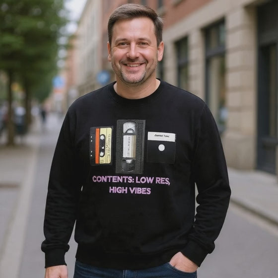 Retro Tapes Sweatshirt — "Contents: Low Rez, High Vibes" Crewneck 80s Retro Fashion