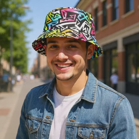 Retro 80s or 90s Geometric Print Bucket Hat for Men Women Trendy Print Packable Summer Travel Beach Sun Hat Fisherman Hat Caps