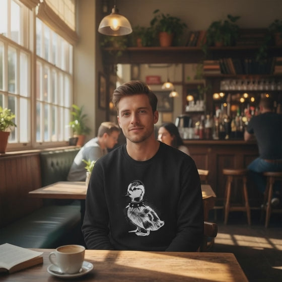 Punk Duckling Sketch Crewneck Sweatshirt — 80s Punk Rock Black & White Duck Illustration