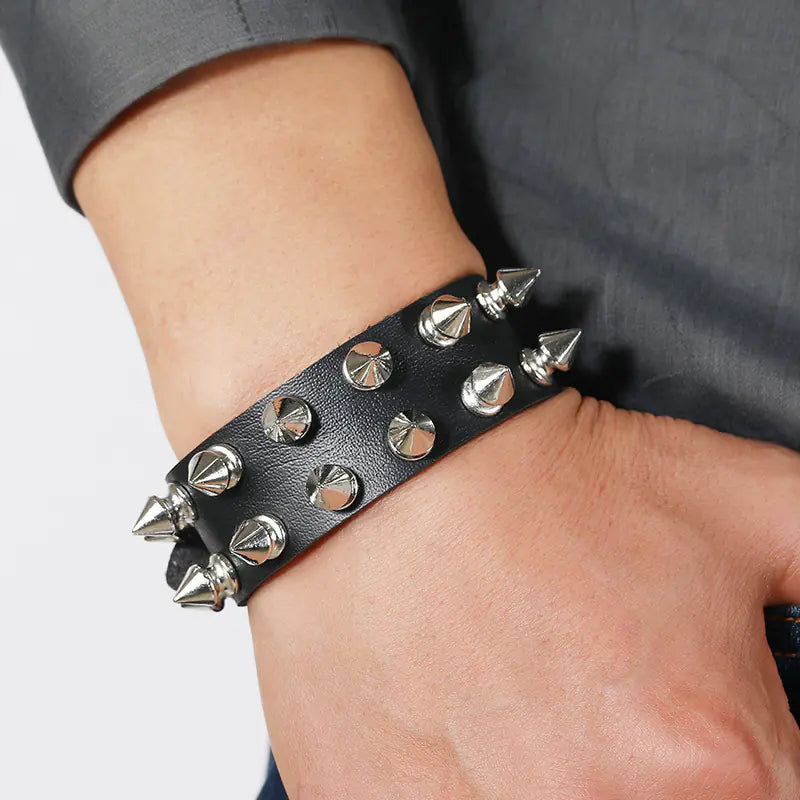 Punk Style 2-Row Pointed Nail Leather Bracelet